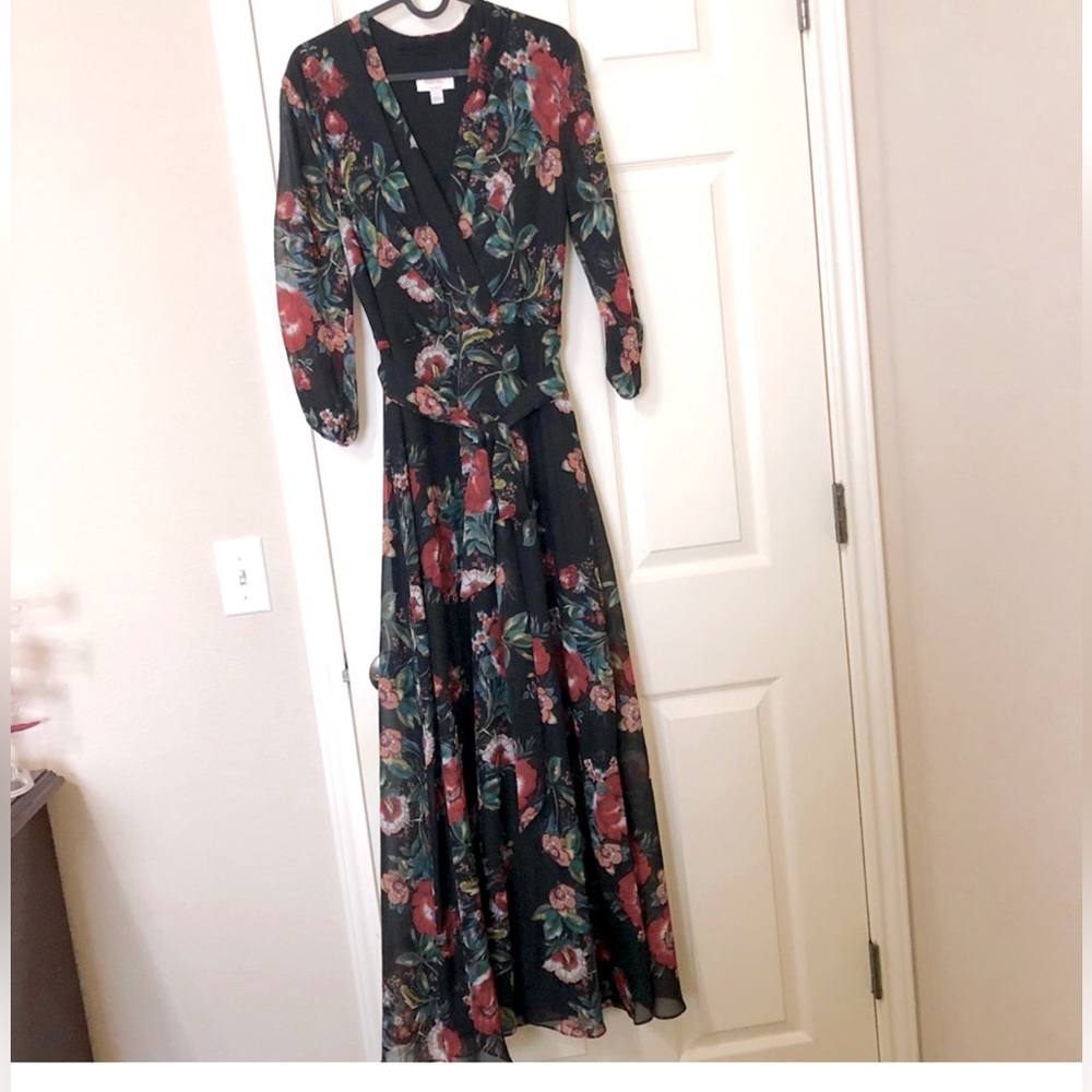 Laundry by Shelli Segal Black Red Floral Chiffon Maxi Dress V Neck Long Sleeve